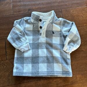 Carter's Boys 12 Month Fleece Sweater Pullover Collared Henley Check Gray White